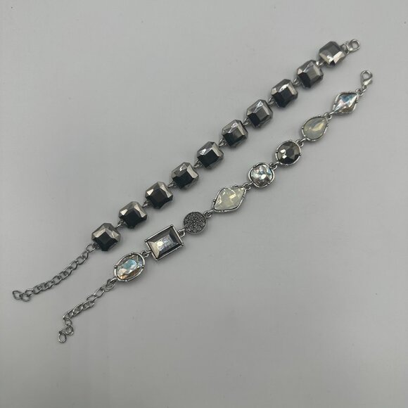 Lot of 2 Bracelets Silver Tone Faceted Rhinestone Link Adjustable Chain Clasp - Picture 3 of 10